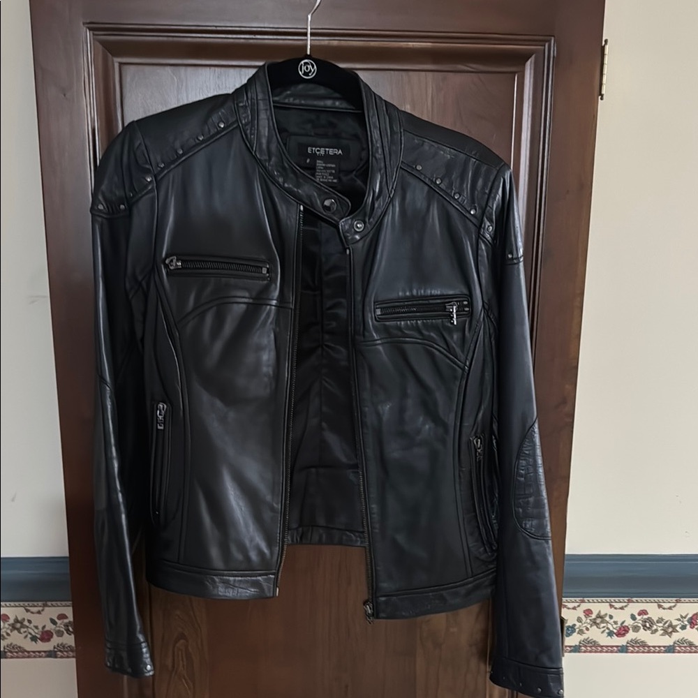 Etcetera Black Leather Jacket Fitted Silhouette Stand-Up Collar